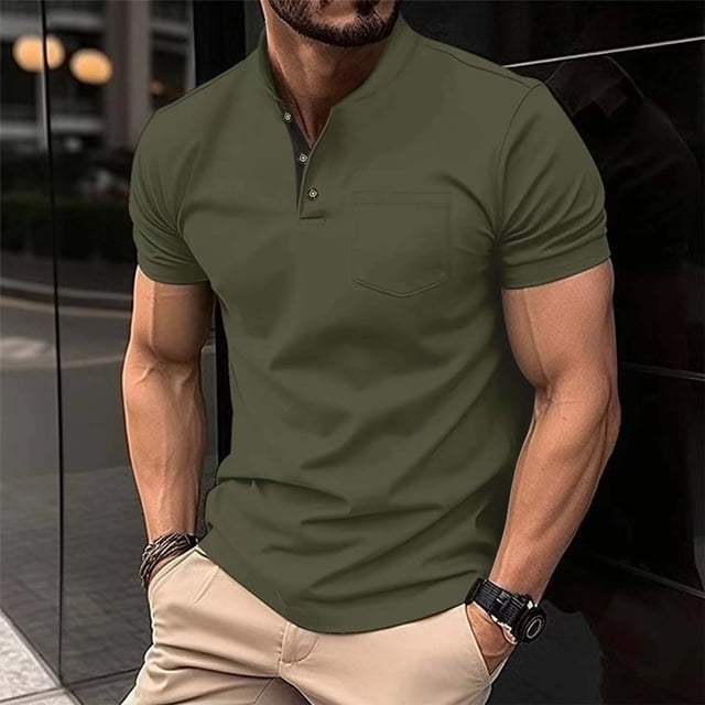 pstuiky Camisas de manga corta para hombre, Blusa de cuello alto de manga corta con bolsillos y botones de color liso a la moda para hombre camisetas de hombre m