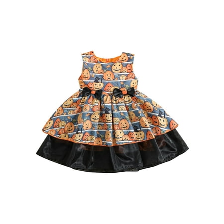 

Peyakidsaa Kids Girl Halloween Sleeveless Dress with Bow Waist Ruffle Hem Horror Print Clothing