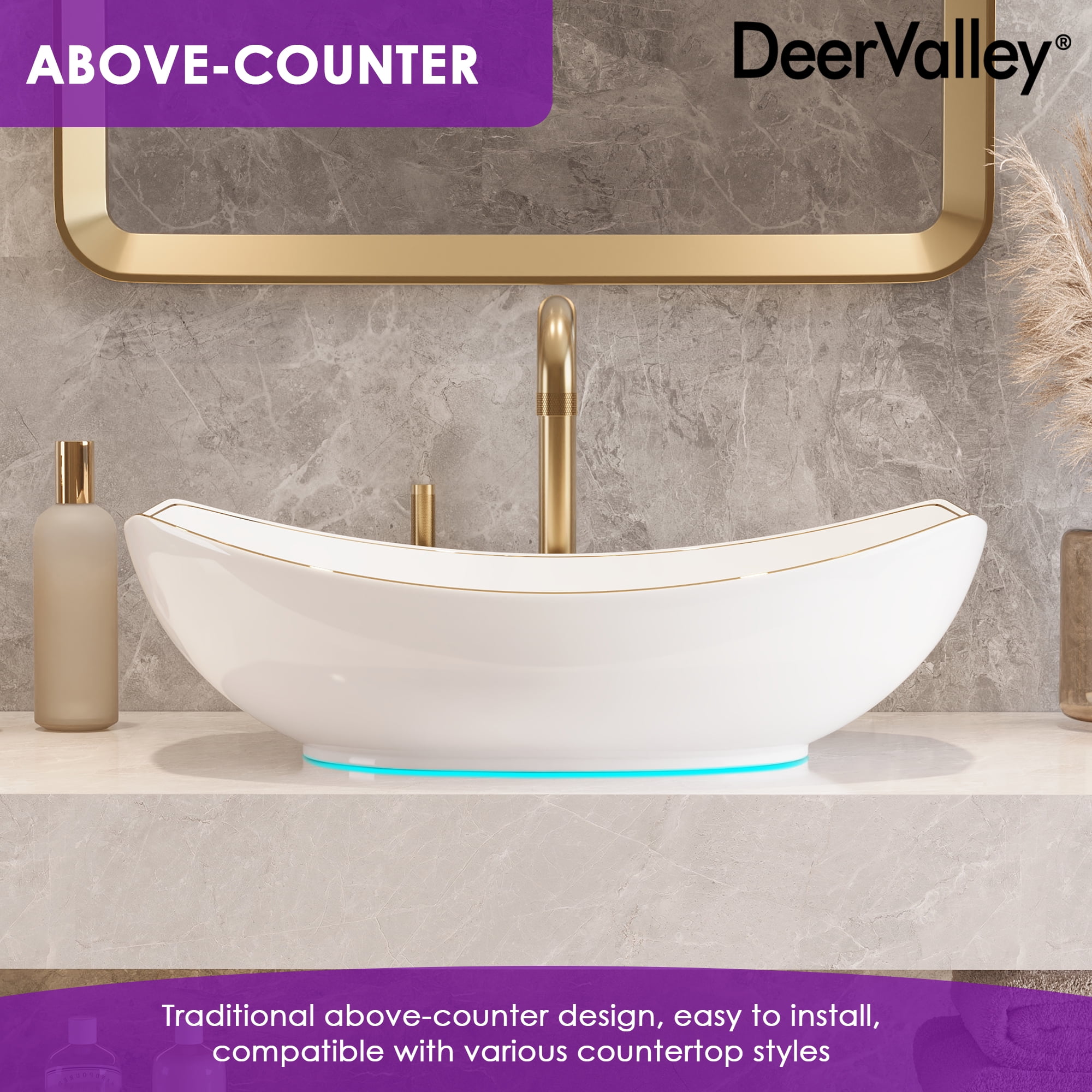 Deervalley 22" X 16" Boat-Shaped Ceramic White Vessel Sink Bathroom Sink With Gold Striped Edges DV-1V0319