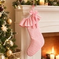 thumbnail image 4 of Plaid Ruffle Christmas Stockings, Vintage Checkered Stocking with Velvet Bow for Fireplace Mantel Decor, Holiday Gift Socks Set for Home, 18in, 4 of 7