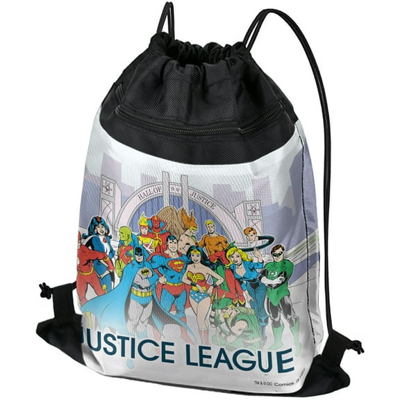 Justice League Hall of Justice Drawstring Backpack Sports Bag Sackpack 17" x 13", Perfect for Gym, Yoga or Practice