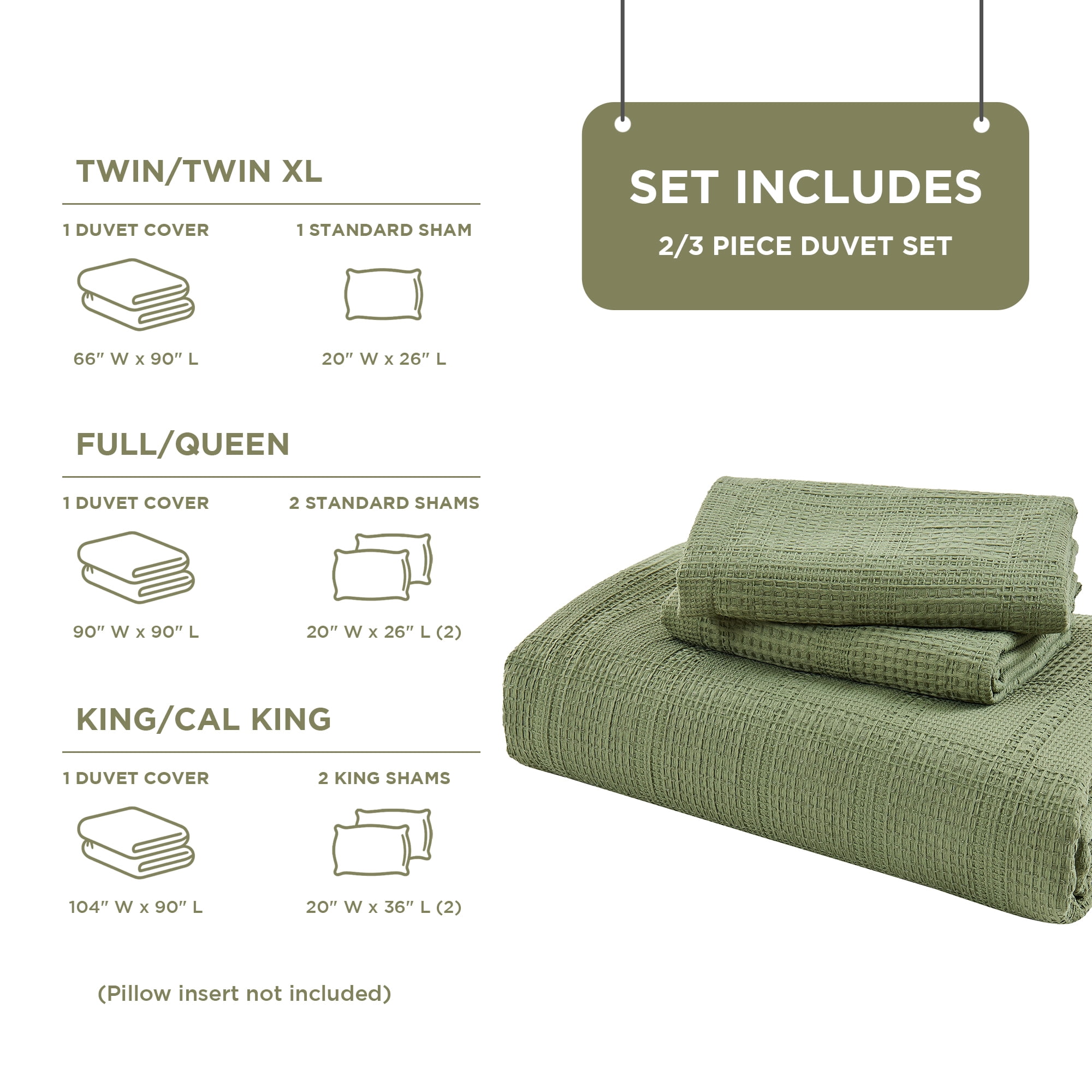 Regency Heights Waffle Weave Duvet Cover Set Full/Queen Size, Breathable Duvet Cover Set for All Season, 3-Piece Textured Bedding Set with Pillow Shams, Green