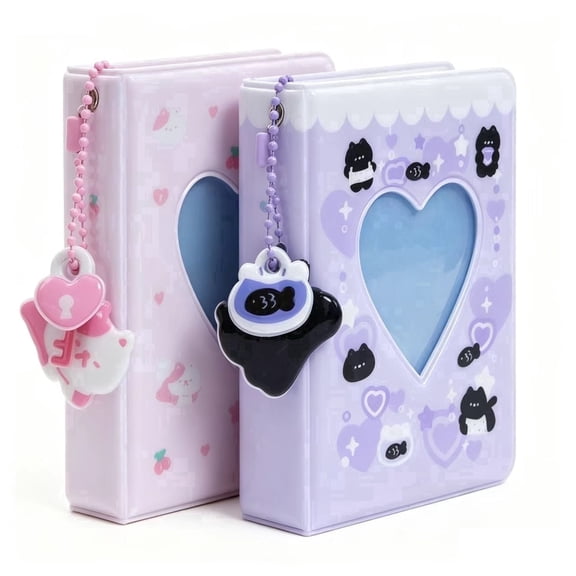 JinBeiXi 2 pack Kpop Photocard Binder, 3" Heart Hollow Mini Photo Album, 40 pockets PVC Card Holder with Keychains, Portable ID Book for Trading Cards & Idols