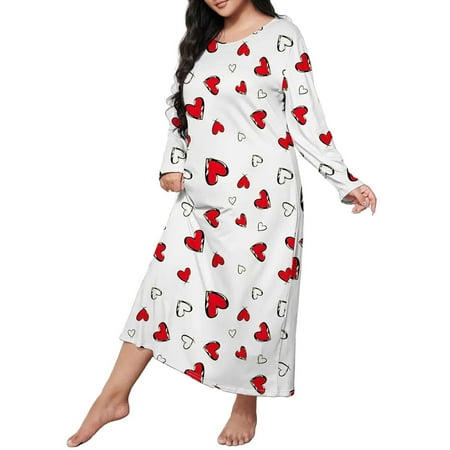 WTXUE Nightshirts & Gowns | Lingerie Plus Size Casual Sleep Dress Womens Heart Print Round Neck Medium Stretch Loose Nightdress | 1 Piece Watermelon Red XL