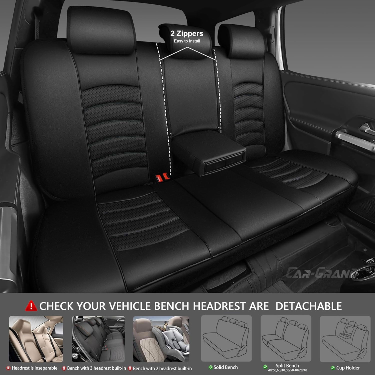 CAR GRAND PU Leather Car Seat Covers, Universal Fit Rear Bench covers for Trucks SUV Sedan Automotive Seat Protectors Armrest Waterproof 3D Foam Comfortable Faux Nappa Leather Black