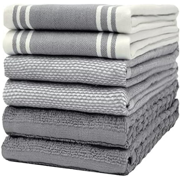 Premium Kitchen Towels (20”x 28”, 6 Pack) | Large Cotton Dish Towels | Flat & Terry Highly Absorbent Kitchen Linen Set with Hanging Loop | Wide Stripe Grey