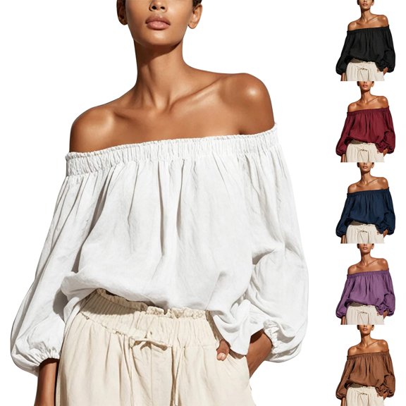Endives Women's Blouse Off Shoulder Long Sleeve Chiffon Blouse Casual Loose Puff Sleeves Shirts Solid Color Summer Beach Vacation Outfits Shirts for Women Wine M