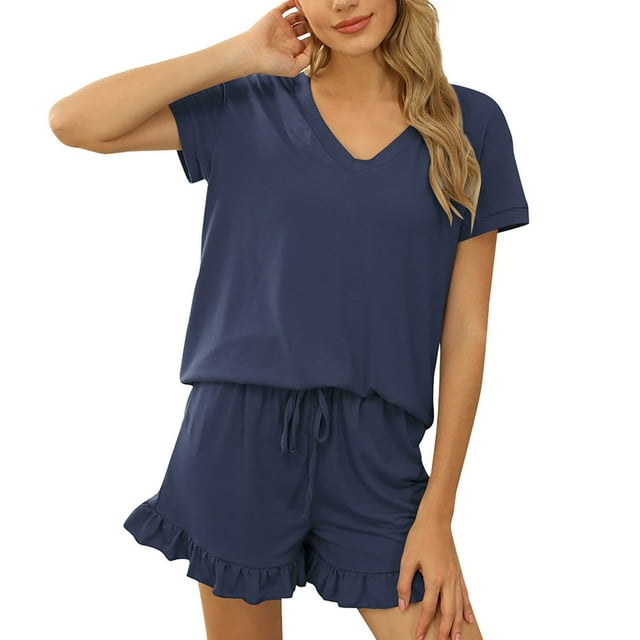 SUTENGDA Shorts and Top Set for Women Ladies‘ Spring and Summer Solid Color Casual Drawstring Shorts Short Sleeve Pajamas Women‘s Shorts Home Set