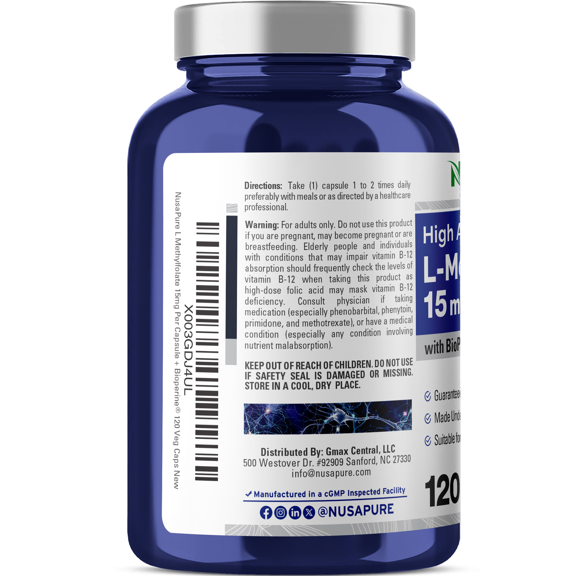 NusaPure L-Methylfolate 15mg: Enhance Unisex Wellness with 120 Veggie Capsules featuring Bioperine - Optimize Health Through Dietary Supplements for Adults