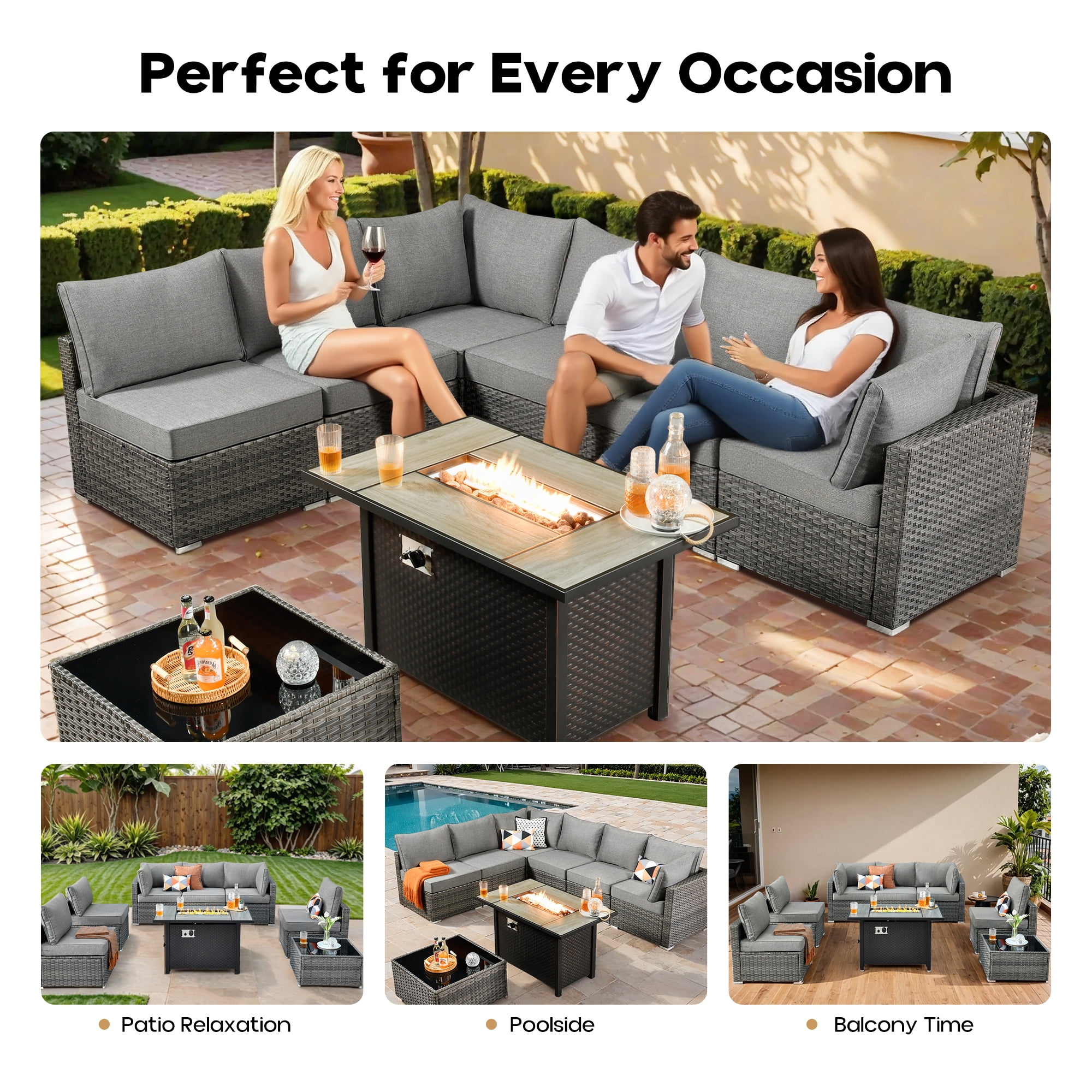 Vcatnet 6 Pieces Outdoor Patio Furniture with Fire Pit, Wicker Outdoor Conversation Set, Outdoor Sectional with Coffee Table, Dark Gray