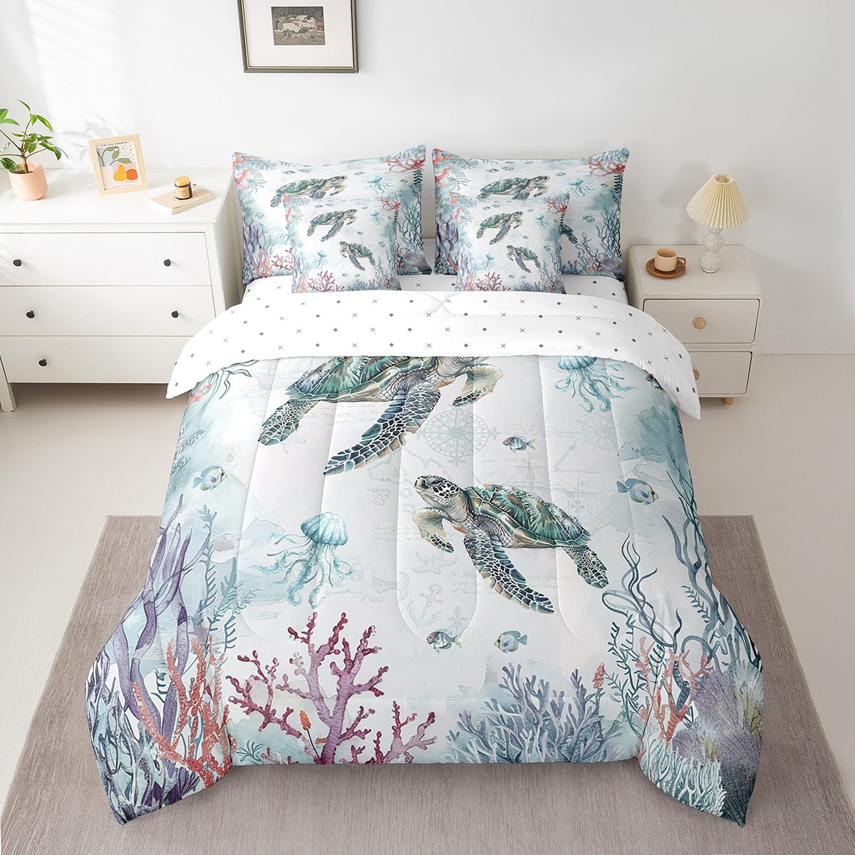 Sea Turtle Coastal Comforter Set 7 Piece Bed in a Bag Twin,Blue Ocean Coral Nautical Bedding Set Jellyfish Sheet Sets with Comforter Beach Bed Set,Kawaii Tortoise Room Decor