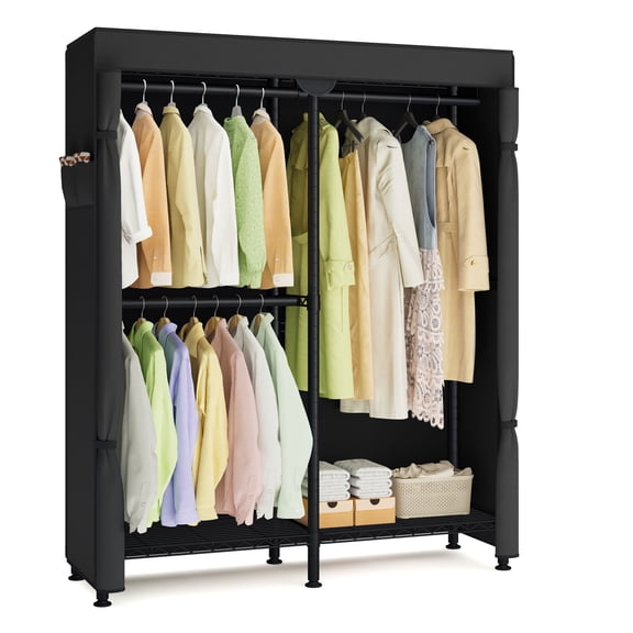 SONGMICS Clothing Rack, Heavy-Duty Garment Rack with Adjustable Storage Shelves and Hanging Rails, Fabric Cover, Portable Closet, Cloud White