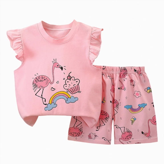 HCNTES Toddler Girl Outfits 2 Piece Graphic Print Ruffle Sleeve Tank Tee and Waist Shorts Set Summer Clothes Casual Clothing 4th of July Outfits for Girls