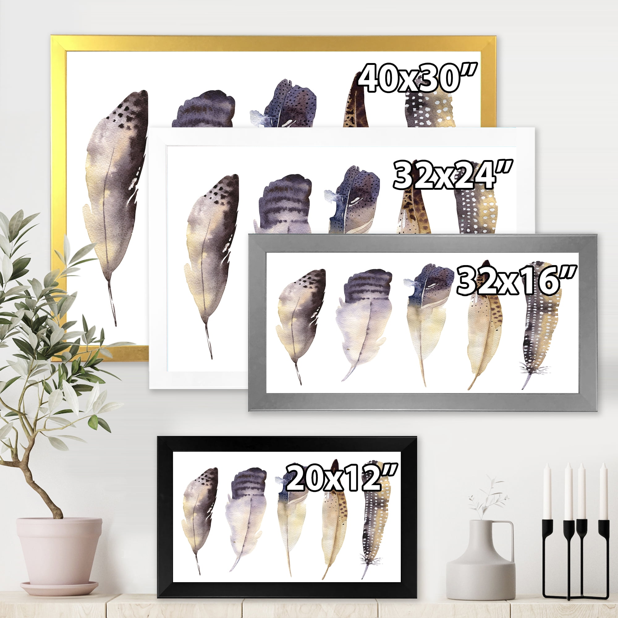 Designart 'Dark Gray Feathers Boho Ethnic II' Bohemian & Eclectic Framed Art Print