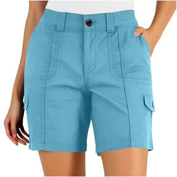 Mgmyaa Cargo Shorts for Women Solid Mid-Rise Comfortable Pockets Button Rigid Waist Casual Shorts