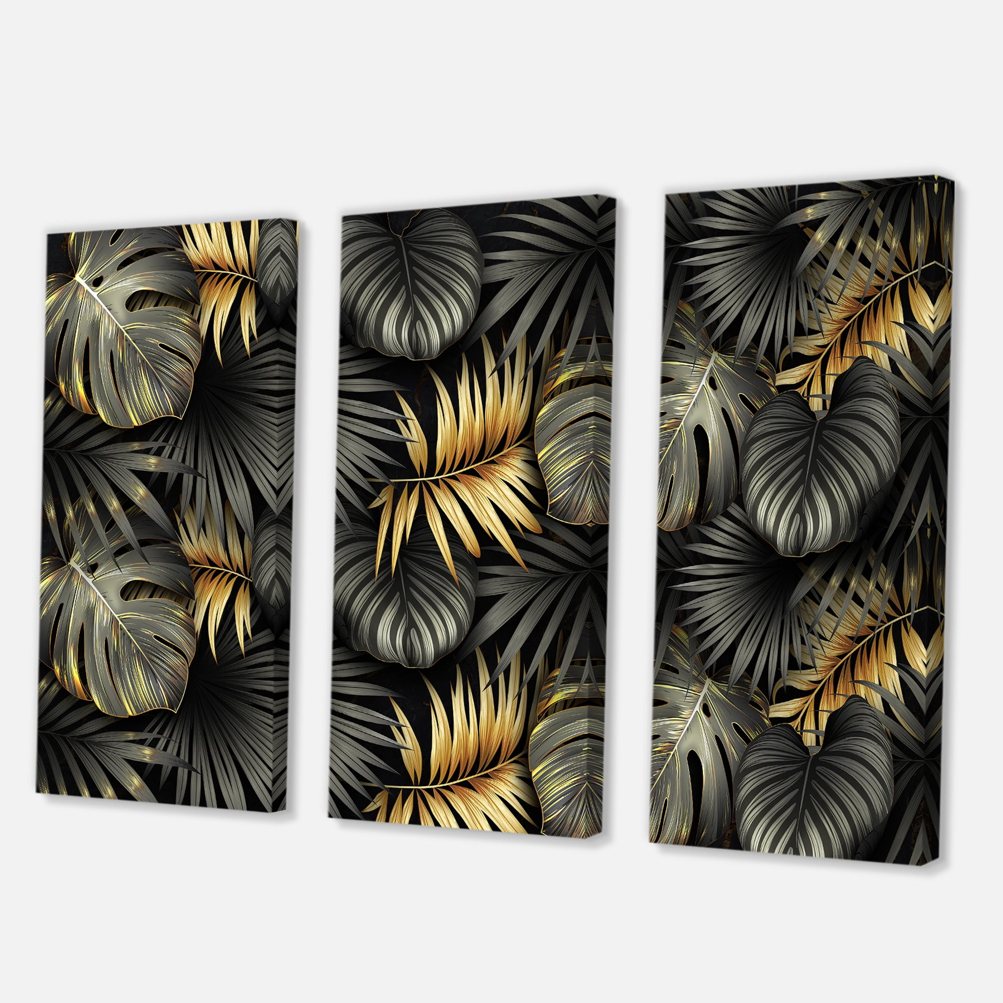 Designart ' Gold and Black Tropical Leaves II ' Modern Canvas Wall Art Print