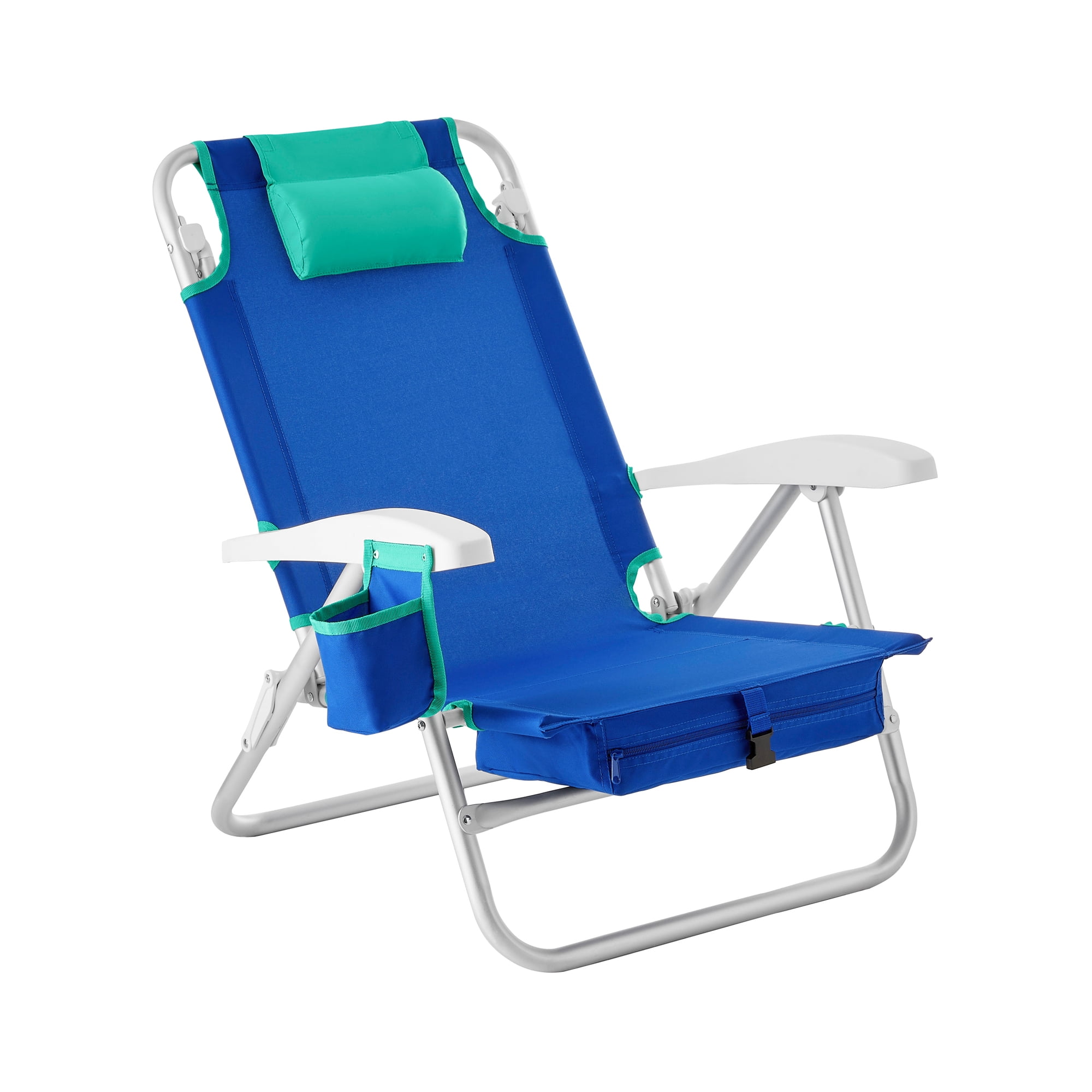Mainstays Reclining and Lay Flat 2-Pack Beach Chair with Backpack Straps, Blue