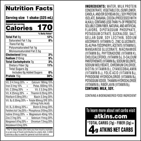 ATKINS CHOCOLATE BANANA PROTEIN SHAKE, HIGH PROTEIN, LOW GLYCEMIC, LOW CARB, LOW SUGAR, KETO FRIENDLY, 4 COUNT