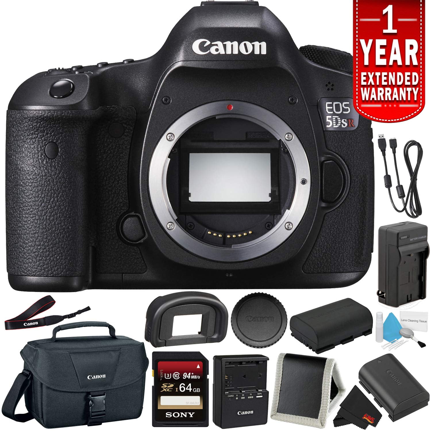 Canon EOS 5DS R Digital SLR Camera 0582C002 (Body Only) - Bundle with 32GB Memory Card + Spare Battery + More (Intl Model)(International Model)