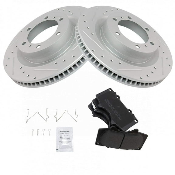 TRQ Front Performance Brake Pad & Rotor Kit Brake Pads Brake Rotors Set Semi-Metallic Premium G-Coated Fits Select 2010-2019 Lexus GX460 Toyota 4Runner