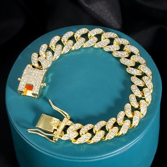 HipHop Men Women 13MM Prong Cuban Link Chain Bracelet Bling Iced Out 2 Row Rhinestone Paved Miami Rhombus Cuban Chain Jewelry