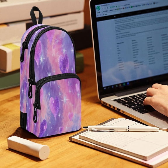 Backpack Pencil Case, 3 Compartment Large Capacity Oxford Fabric Pencil Pouch / Sparkle Purple Pink Heart Print
