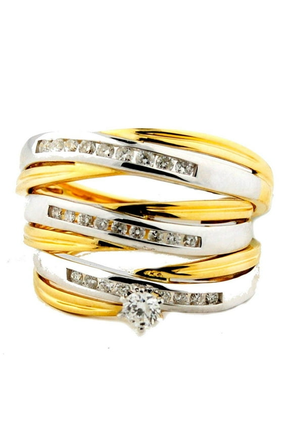 14K Trio Rings Set His and Hers Wedding Set 1/2cttw Diamonds 15mm Wide Two Tone