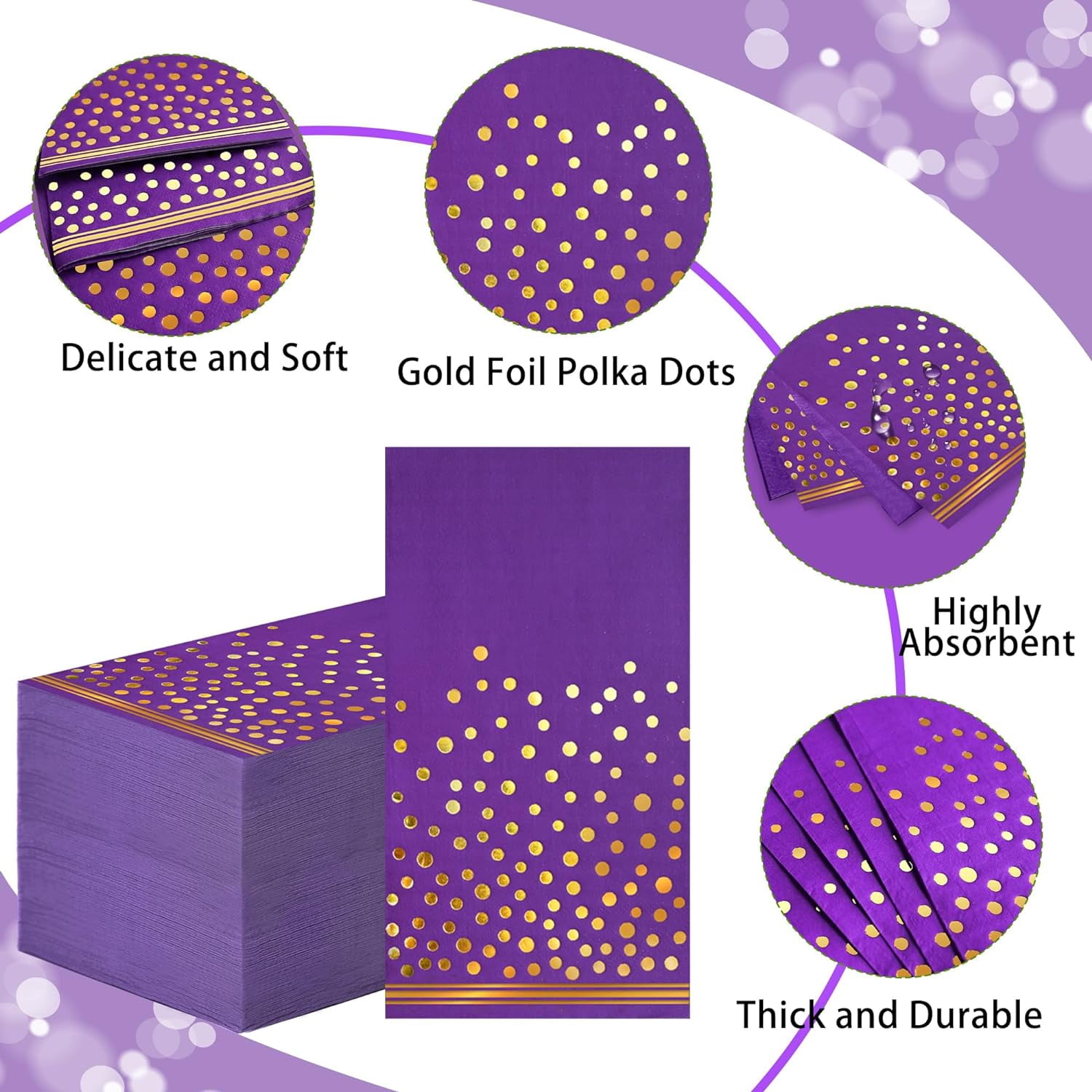 100 Pcs Purple Paper Napkins Disposable - Purple Gold Dot Dinner Party Napkins for Bathroom Wedding Anniversary Birthday Mardi Gras Party Supplies