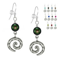 One Pair Textured Pewter Swirl & Bead Earrings with Sterling Silver Earwires- Iridescent Green Crystal Pearl
