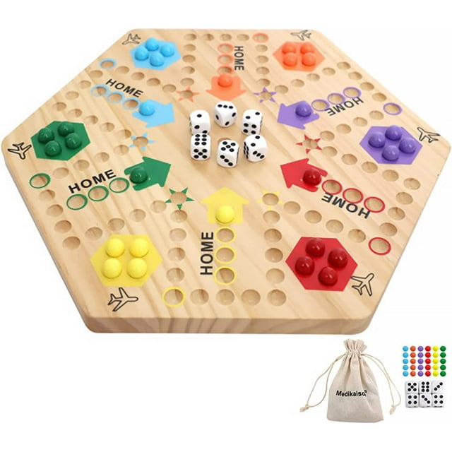 Juego de mesa Wahoo de canicas original, juego de mesa de madera pintada de doble cara, juego de mesa rápido para 6 y 4 jugadores, 6 colores, 24 canicas, 6 dados para familiares y amigos