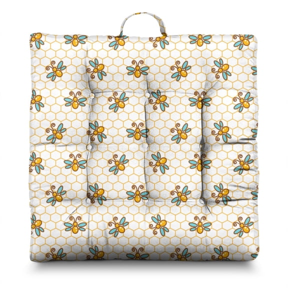 Queen Bee Cartoon Floor Sitting Cushion - 24" Oversized Square Zabuton Pillow with Honeycomb Print, Thick & Fluffy for Meditation, Yoga or Lounge