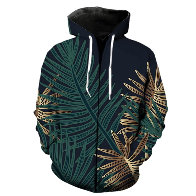 Sudadera con capucha y cremallera para hombre, diseño de hojas de plantas tropicales, unisex, divertida, informal, de manga larga, estilo Harajuku, con estampado 3D