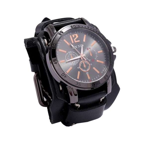 Reloj de pulsera para hombre, de cuero, con hebilla de pasador, esfera redonda, estilo punk hip hop. Negro