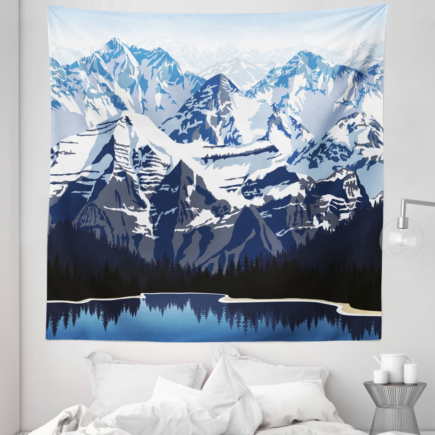Scenery Tapestry, Cartoon Like Mountain with Snow Landscape with ...