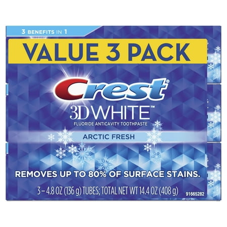 - Crest 3D White Whitening Toothpaste, Arctic Fresh, Icy Cool Mint Flavor, 4.8 oz, Pack of 3