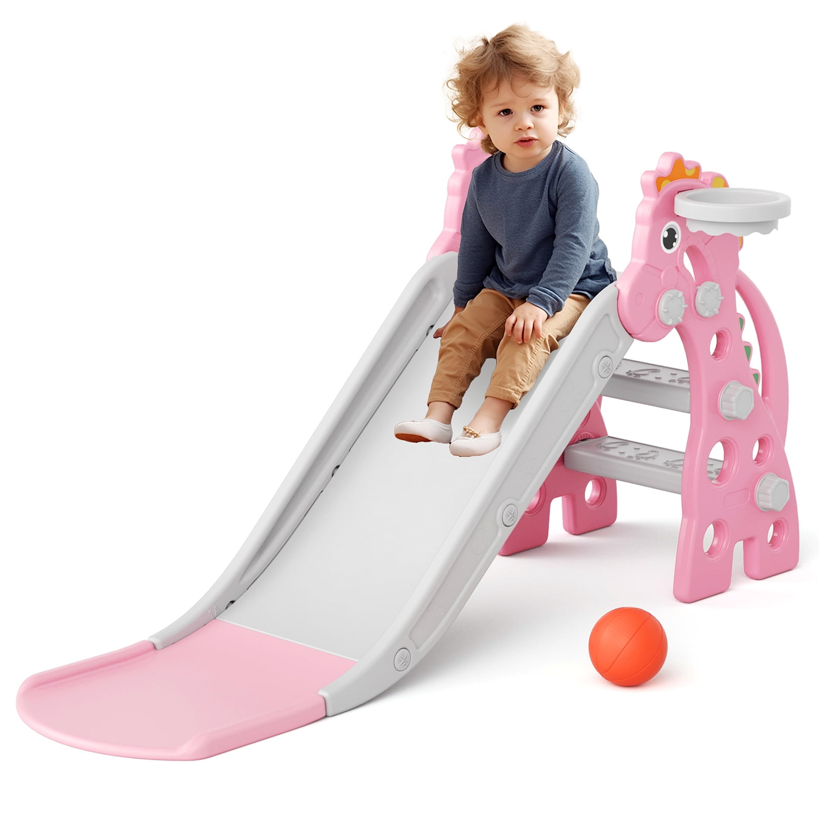 KORIMEFA Toddler Slide Indoor Slide for Toddlers Age 1-3 Kids Indoor Outdoor Slide Baby Plastic Play Slide with Basketball Hoop and Ball Foldable Slide, Pink