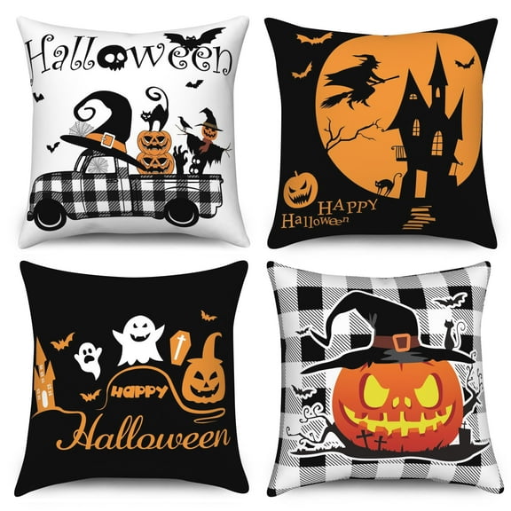 SUNOLIFE Happy Halloween Throw Pillow Covers Set of 4,Horror Pumpkins Pillowcase for Home Decor,18x18 In