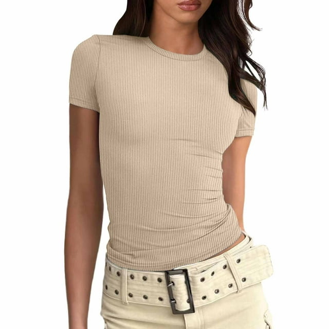 WEIYLL T-Shirt Femme Manches Courtes Basique Coupe Ajustée Tunique Unie T-Shirt Beige Tailles P