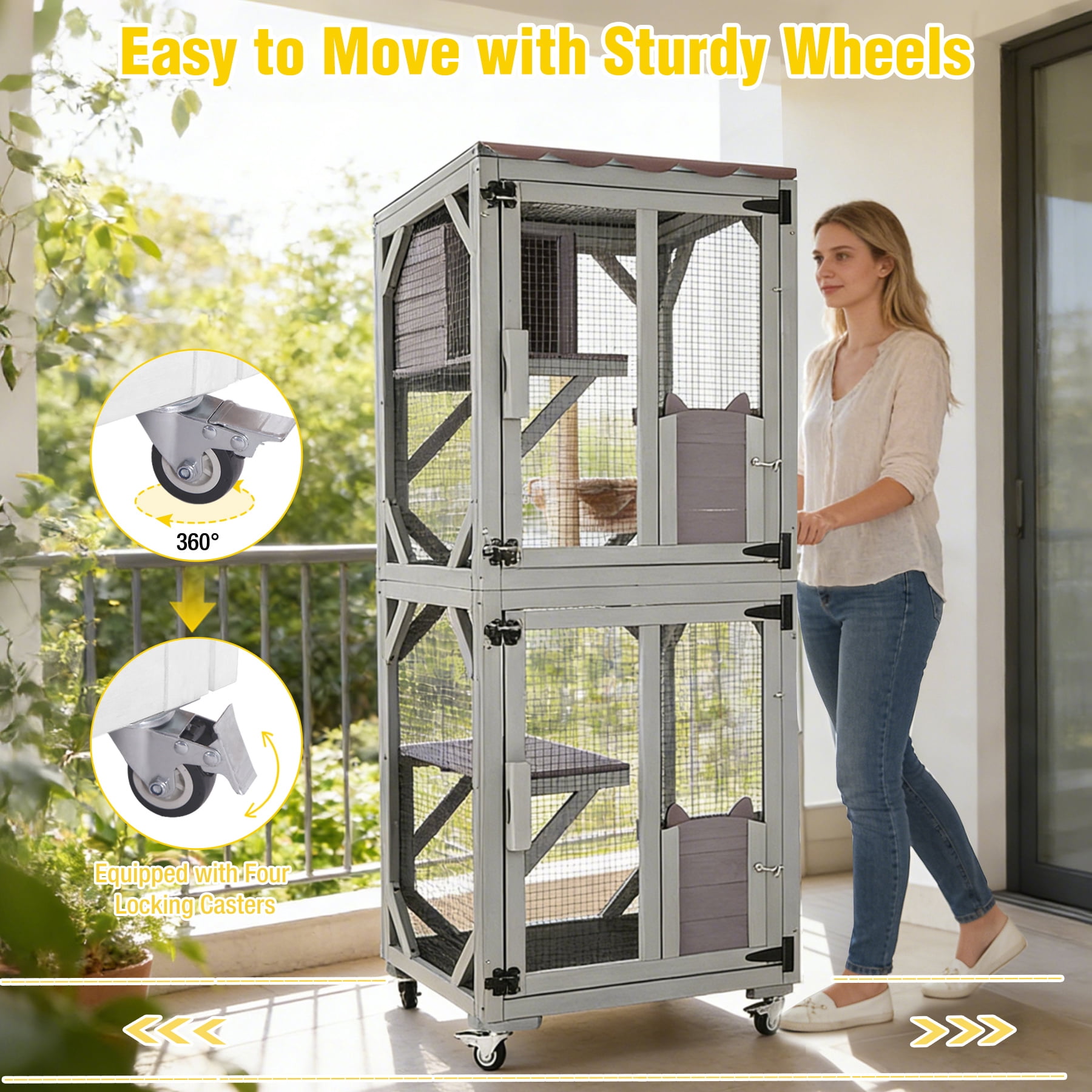 Aivituvin Outdoor Cat Catio Enclosure with Wheels, Movable Outdoor Cat House Cat Cage with Upgraded Resting Box, Waterproof Cover