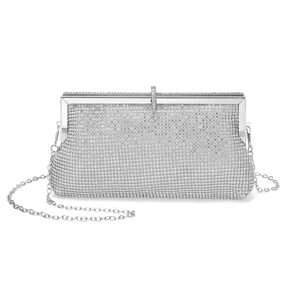 Uxcell Evening Bags Clutch Purses for Women Formal, Metallic Purses Crystal Rhinestone Crossbody Handbag with Chain Shoulder Bag Sparkly for Wedding Guest Party Cocktail Silver