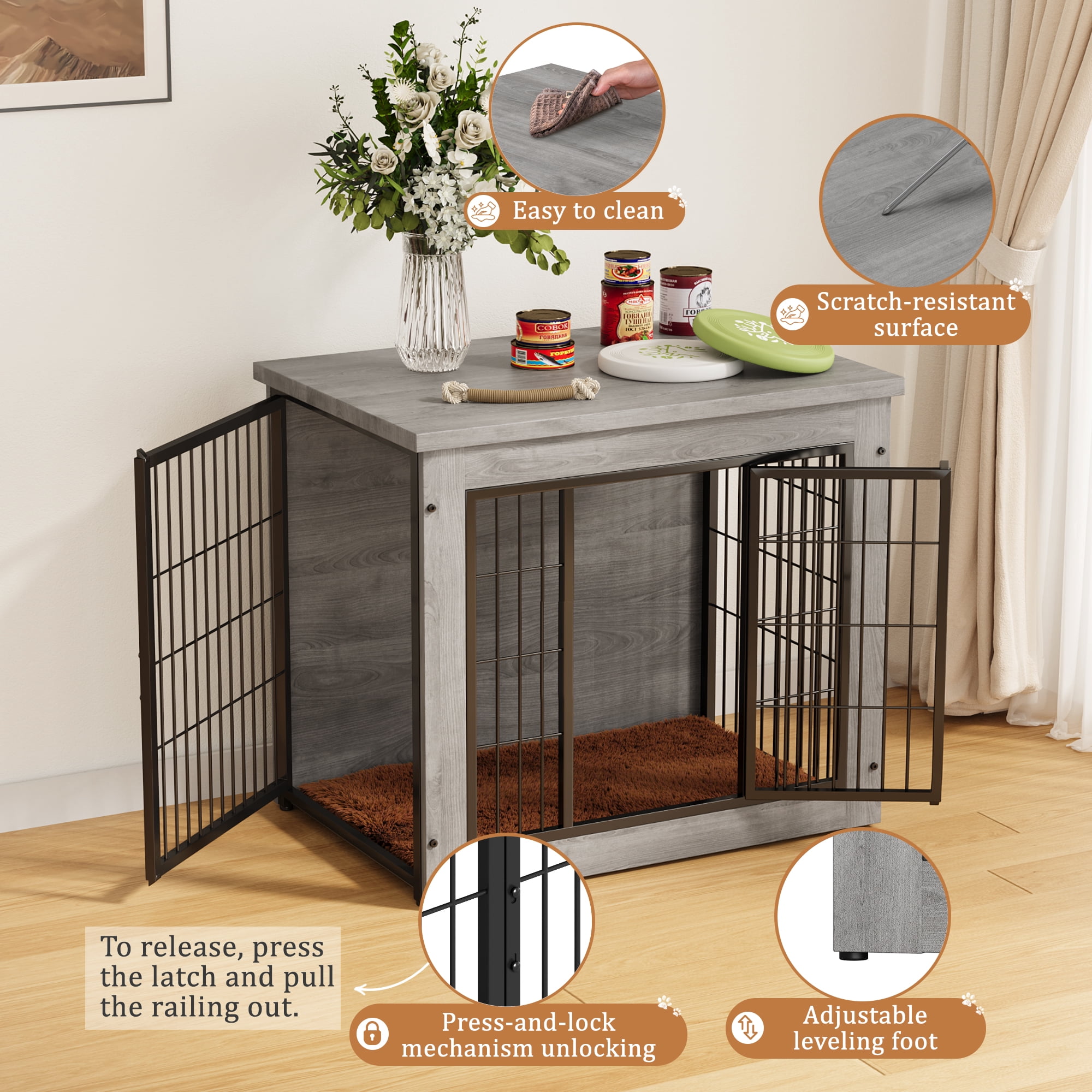 Furmax Wooden Indoor Dog Crate Furniture  with Double Doors and Thick Cushion,Gray