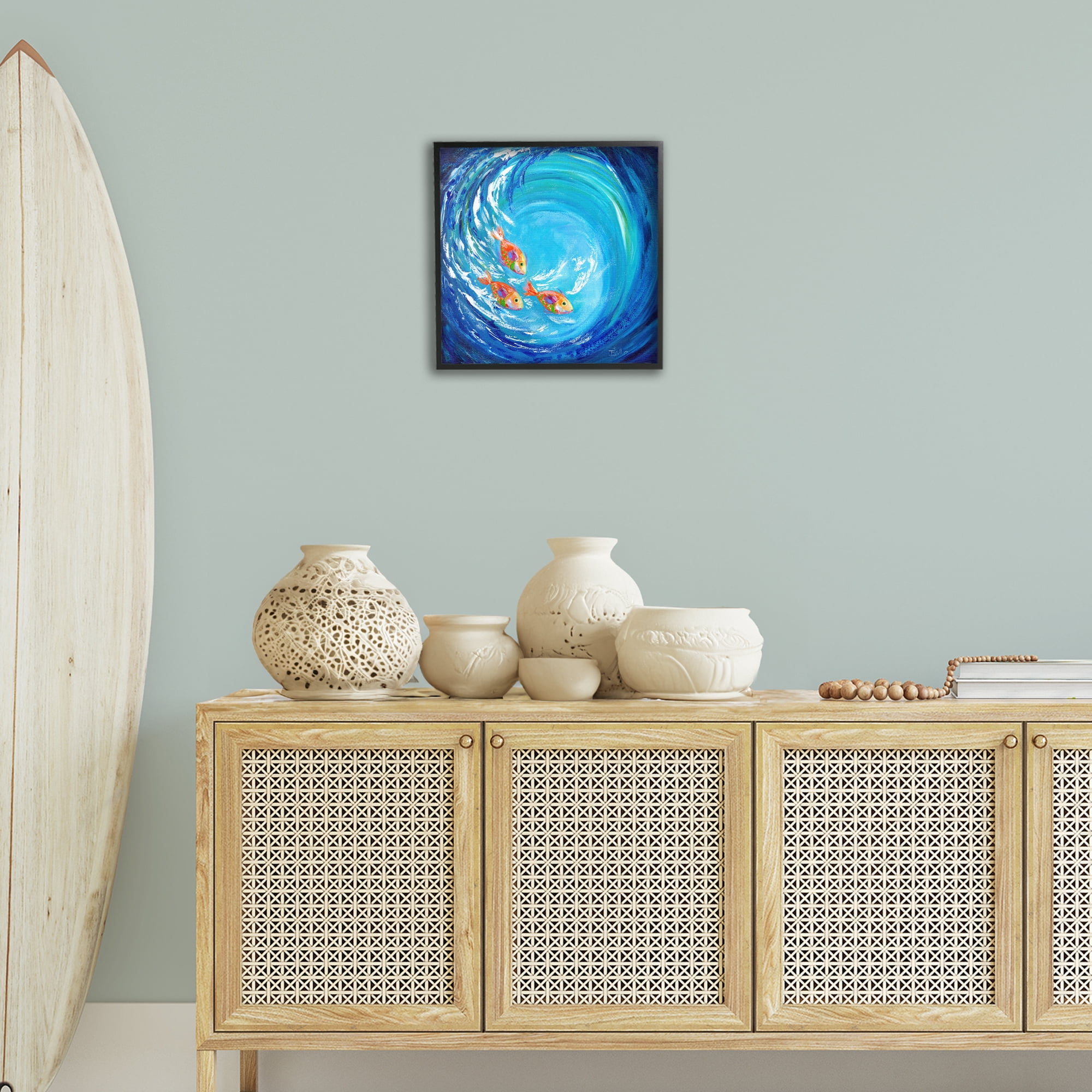 Stupell Industries Into The Blue Fish Landscape Painting Black Framed Art Print Wall Art, 17 x 17