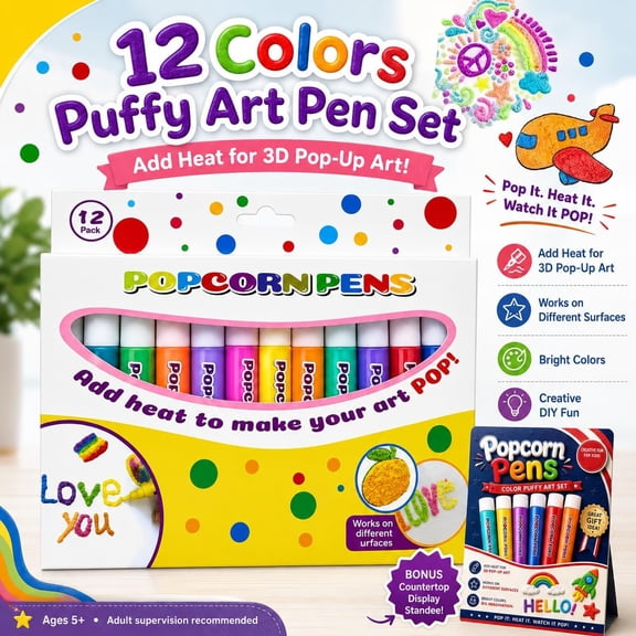 Oceanwell 3D Relief Art Pen, 12 Colors Popcorn Pens Puffy,3D Art Pens Works On Different Surfaces, Non-Toxic DIY Bubble Popcorn Drawing,3D Gel Pen & Arts Crafts,1