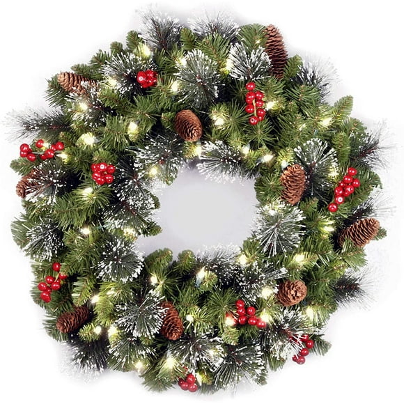 60cm National Tree Company Pre-Lit Artificial Christmas Wreath, Green, Wintry Pine, White Lights, Decorated with Pine Cones, Berry Clusters,Christmas Candy Cane Wreath for Front Door Red White Teardr