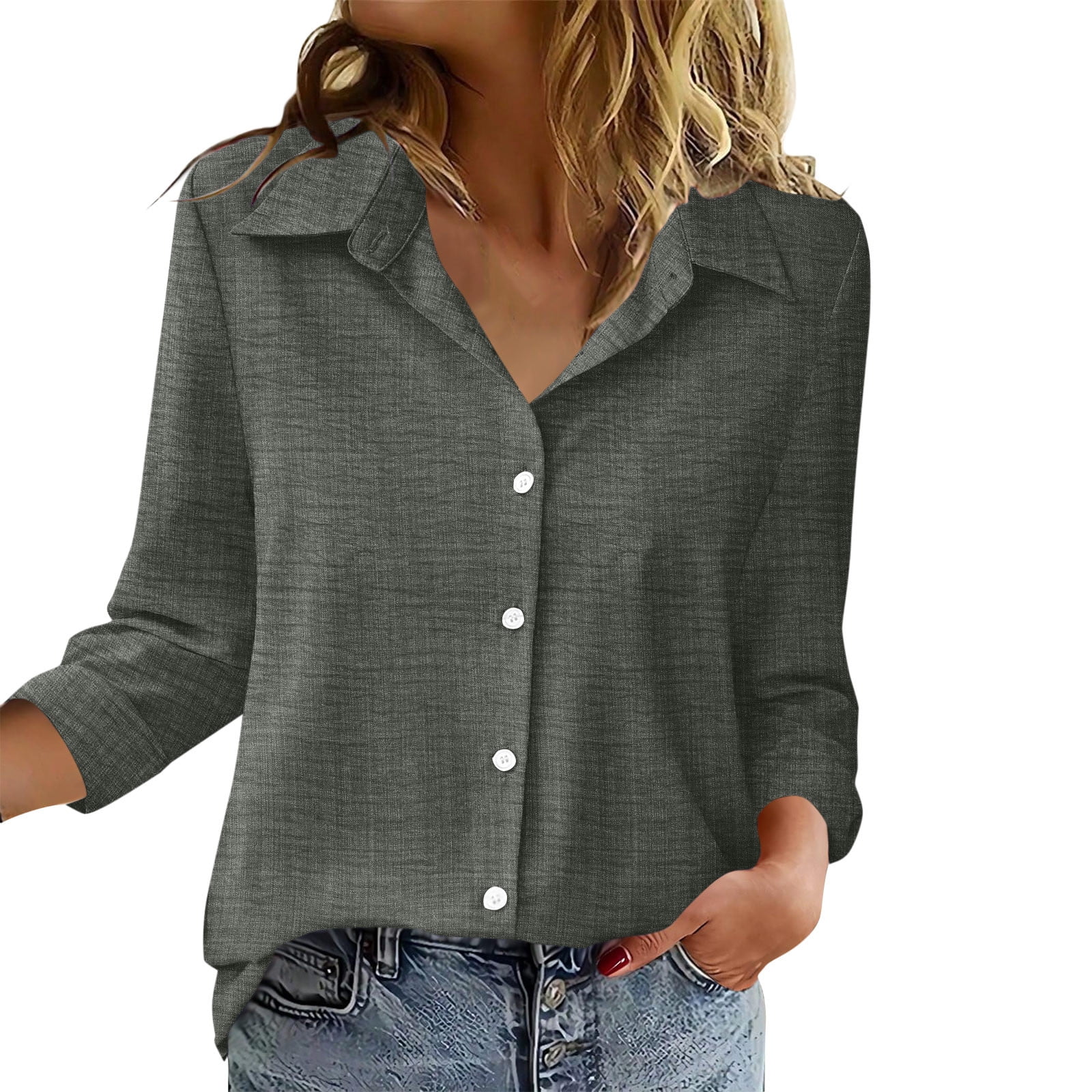 Wsyxszg Women's Collared Button Down 3/4 Sleeve Shirt Curved Hem