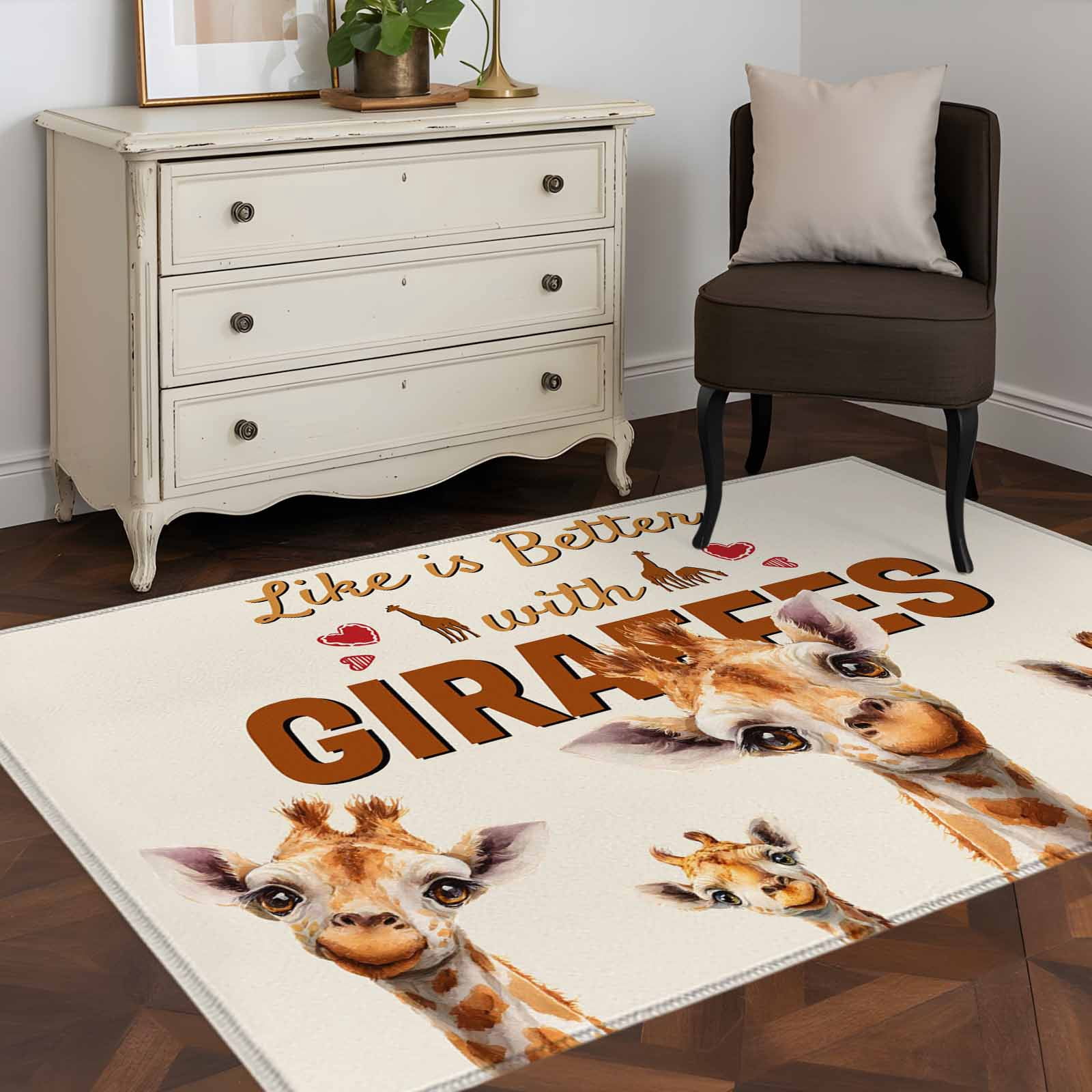 Giraffe Area Rugs 3'x5', Washable Small Throw Rugs for Living Room Bedroom, Red Love Heart Rustic Animals Indoor Outdoor Rug Non-Slip Low Pile Carpet Runner Reversible Floor Mats