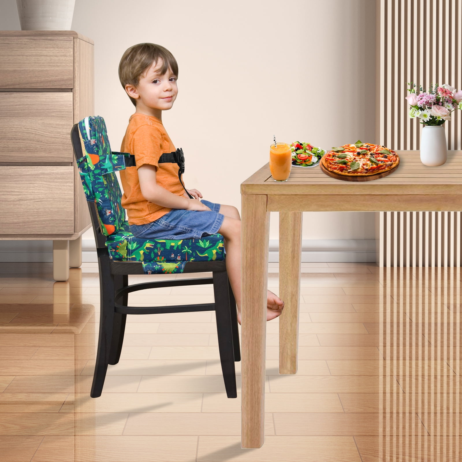 Dznils Toddler Booster Seat for Dining Table, with Backrest, Safety Buckles, Non-Slip Bottom, Green