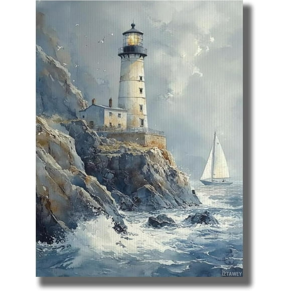 Lighthouse Ocean Waves Canvas Wall Art Ocean Waves Crashing Against Lighthouse Indoor Bedroom Living Room Oil Painting Elegant Home Accent Gifts for Mom 12x16inch Frameless
