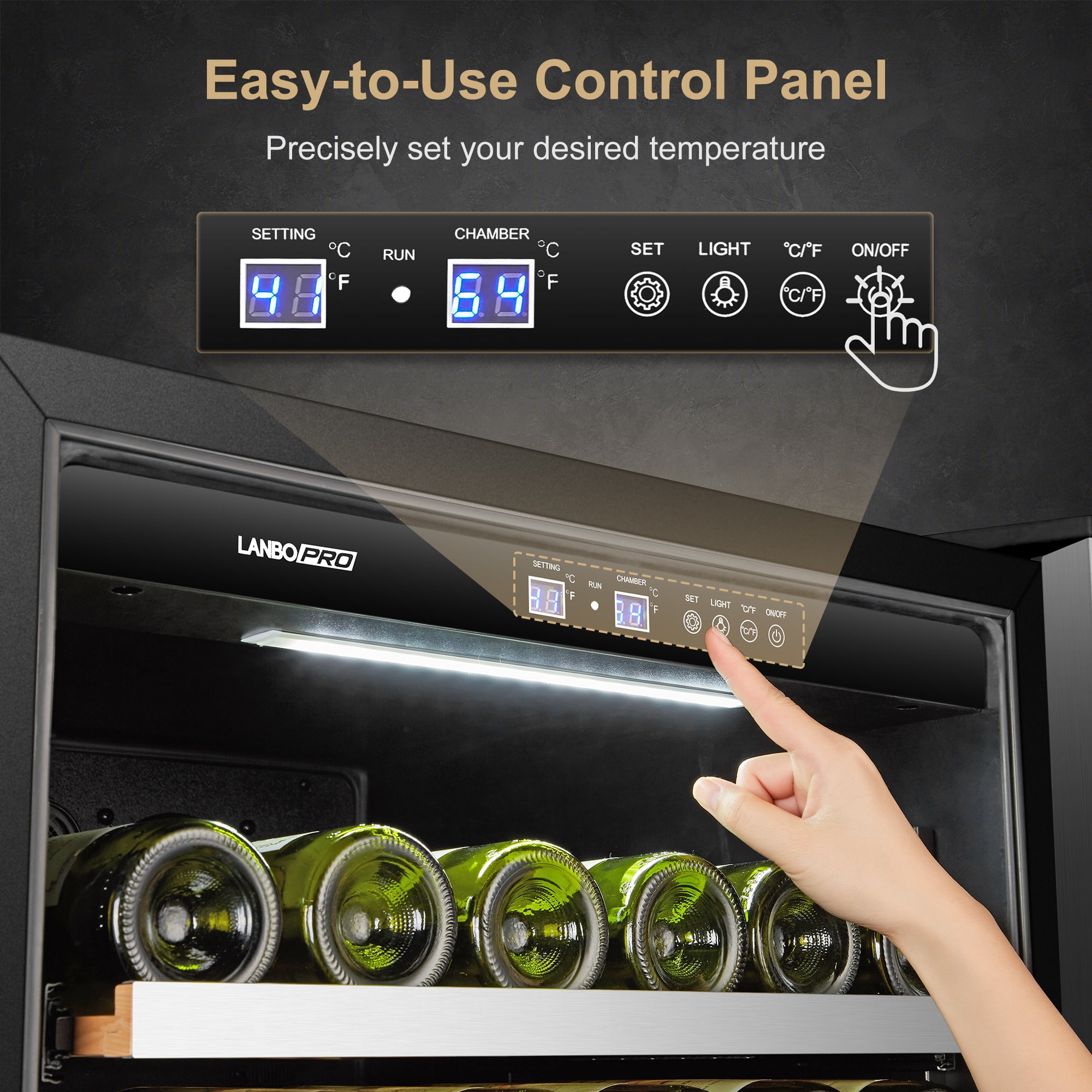 Lanbopro 164 Bottles 24 inch Width Single Zone Wine Cooler in Seamless Stainless Steel
