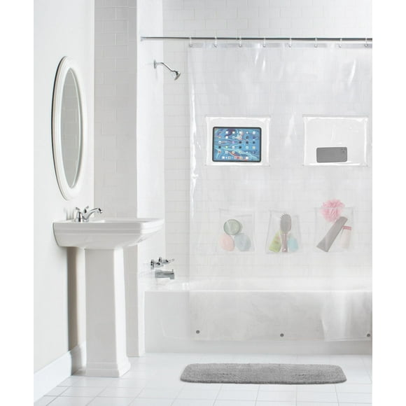 Mainstays Heavy Weight Pocket PEVA Shower Curtain with 2 Waterproof and 3 Mesh Storage Pockets, Clear, Shower curtain with storage